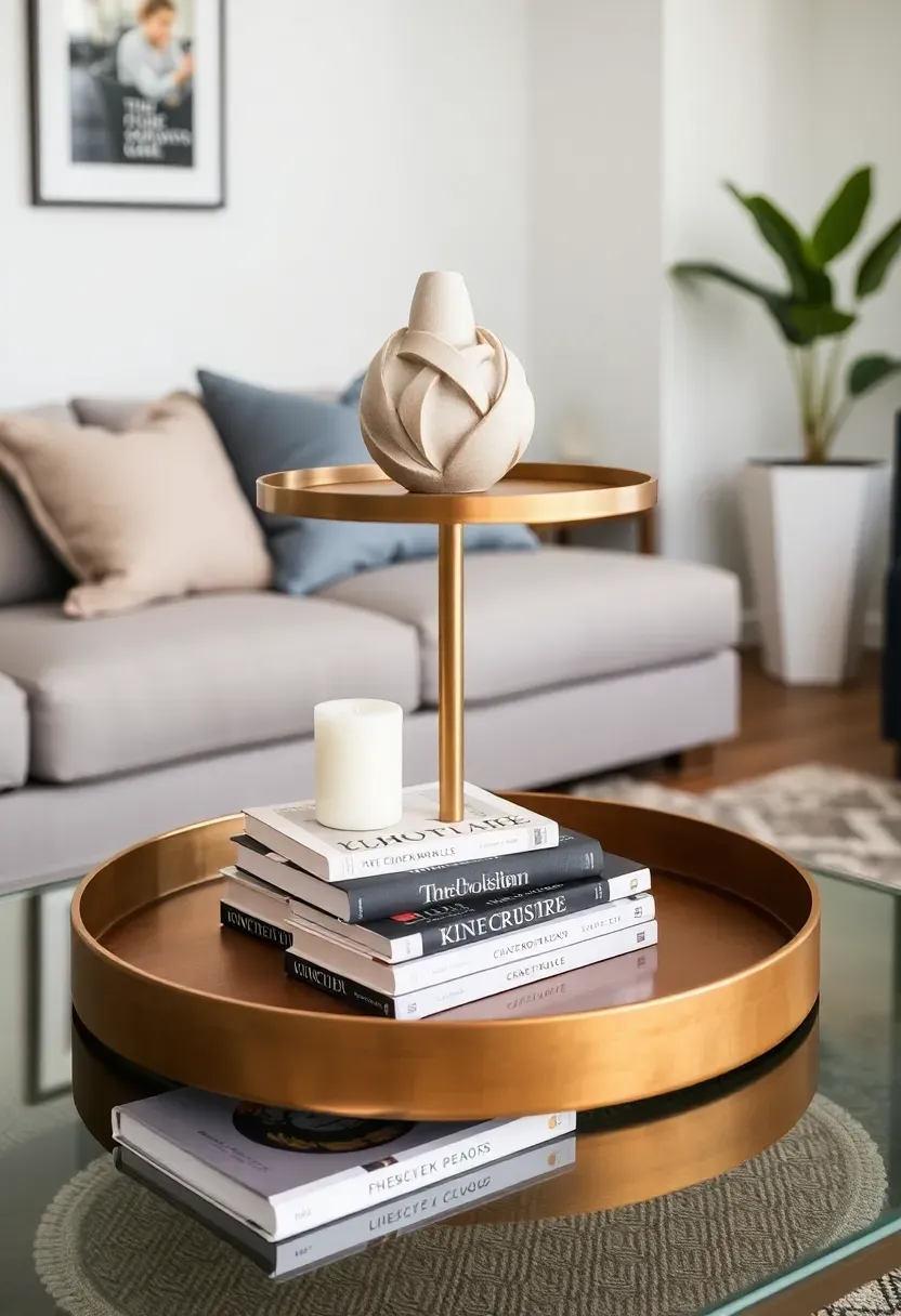 Small round light wood nightstand tray with a minimalist alarm clock, reading glasses, slim water carafe, and small dried lavender sachet