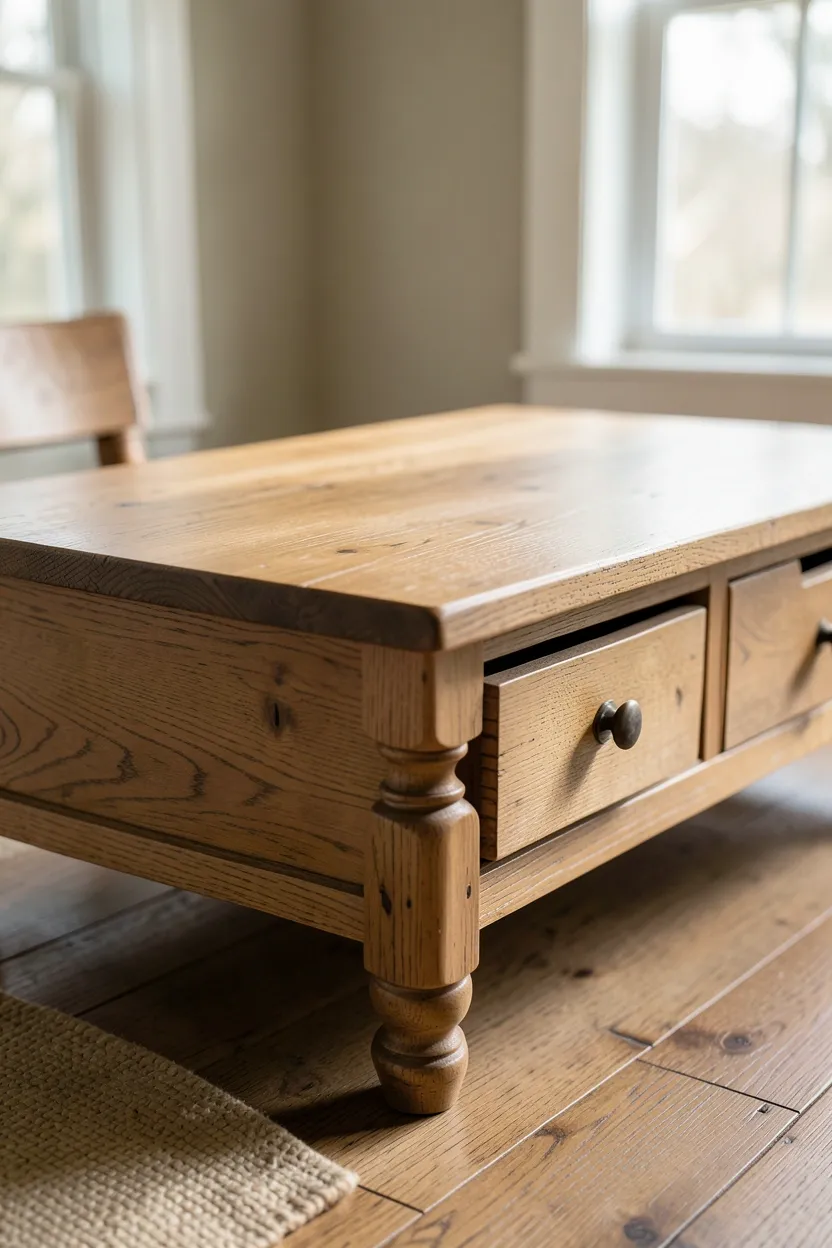 Reclaimed plank wood farmhouse coffee table with storage drawers styled with a tray and books in living room