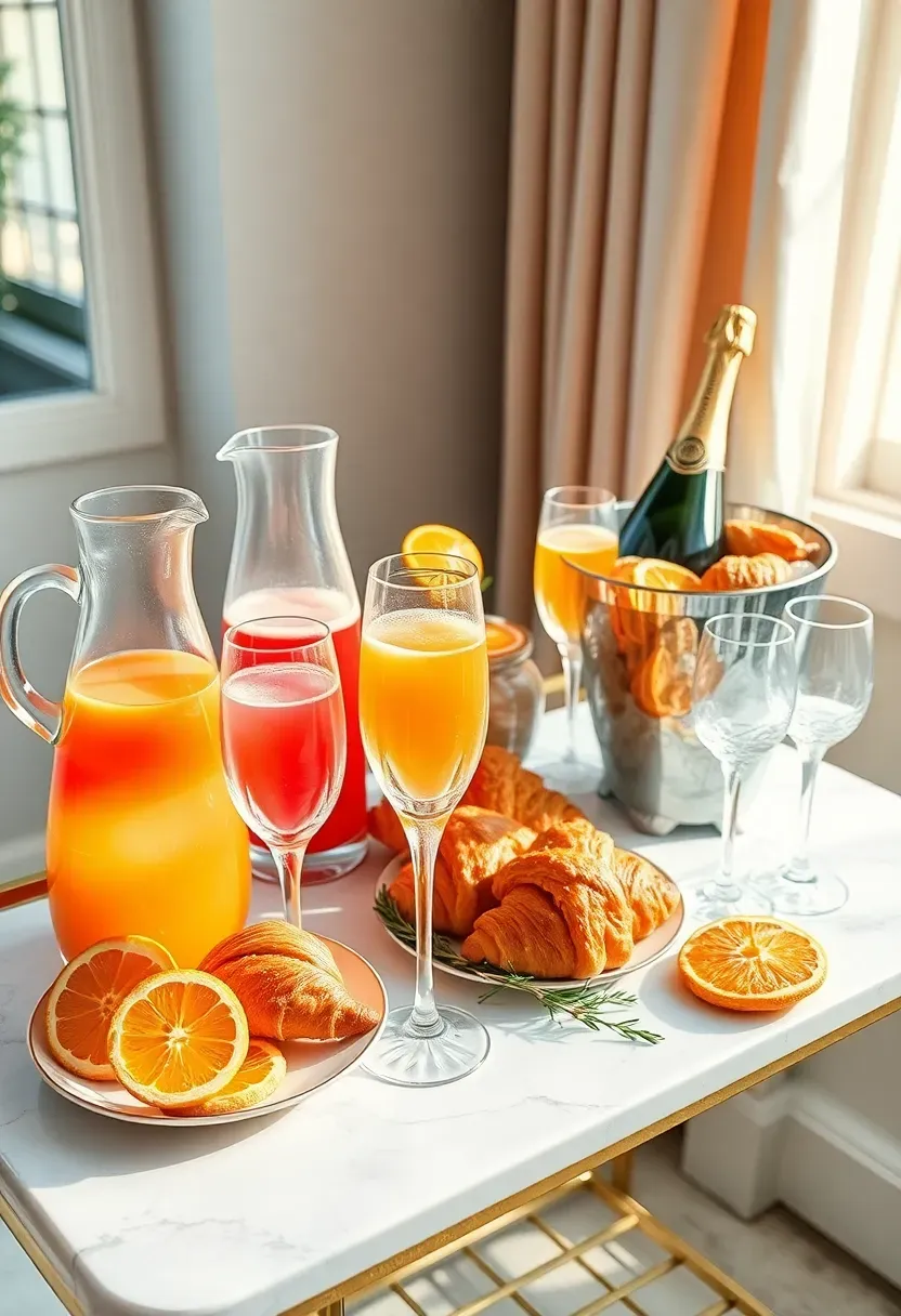 brunch and bubbles baby shower with champagne mimosa bar fresh pastry display elegant glassware citrus garnishes and a brunch menu chalkboard sign