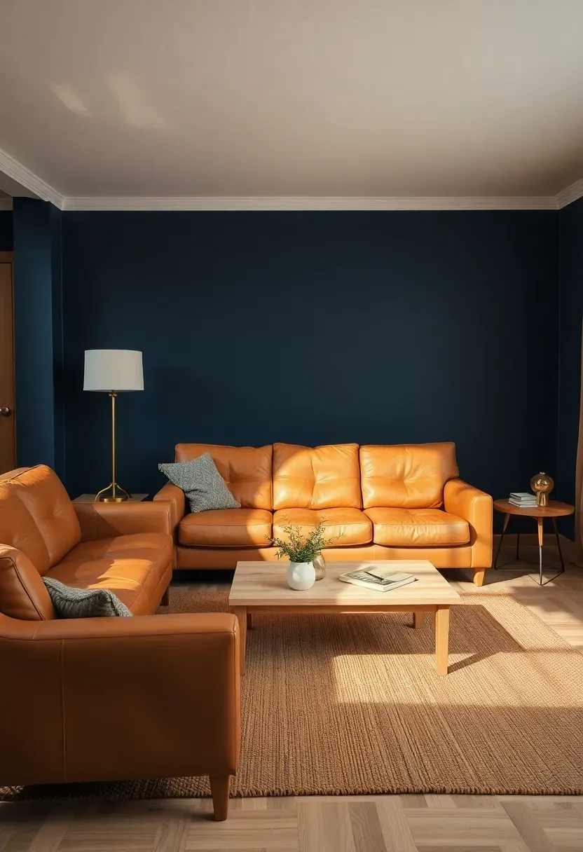 Hyper-realistic wide shot of minimalist living room with navy blue walls tan leather sofa camel tan area rug light oak coffee table white ceiling. Materials: matte navy blue paint tan leather sofa upholstery camel wool rug light oak wood brass lamp. Warm natural daylight rich color interplay between navy tan and oak sophisticated inviting atmosphere. Sharp details on leather texture and wood grain clean composition no clutter no text no logos.</p>