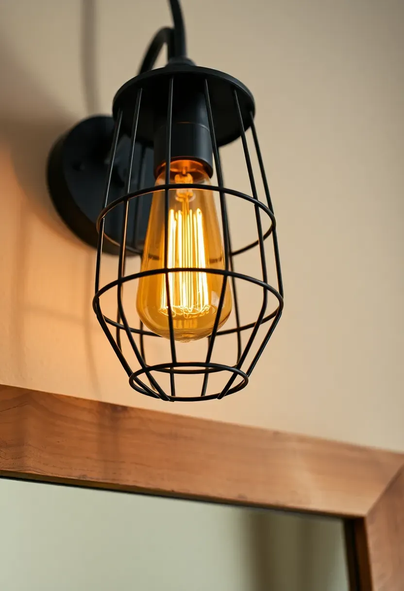 Caged Edison bulb wall fixture with black metal cage and amber filament bulb above a reclaimed wood bathroom mirror