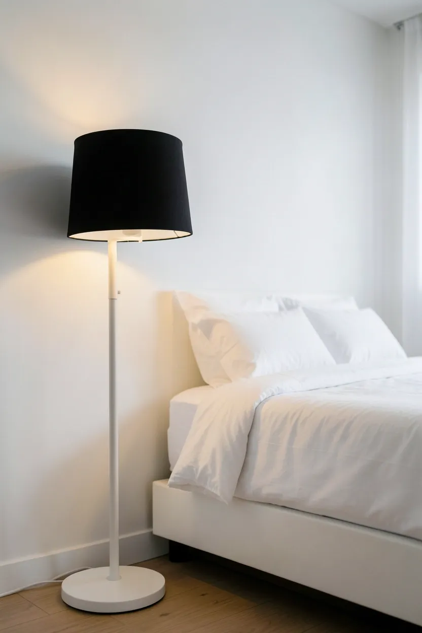 White floor lamp with a matte black shade beside a reading chair in a bright black and white bedroom corner