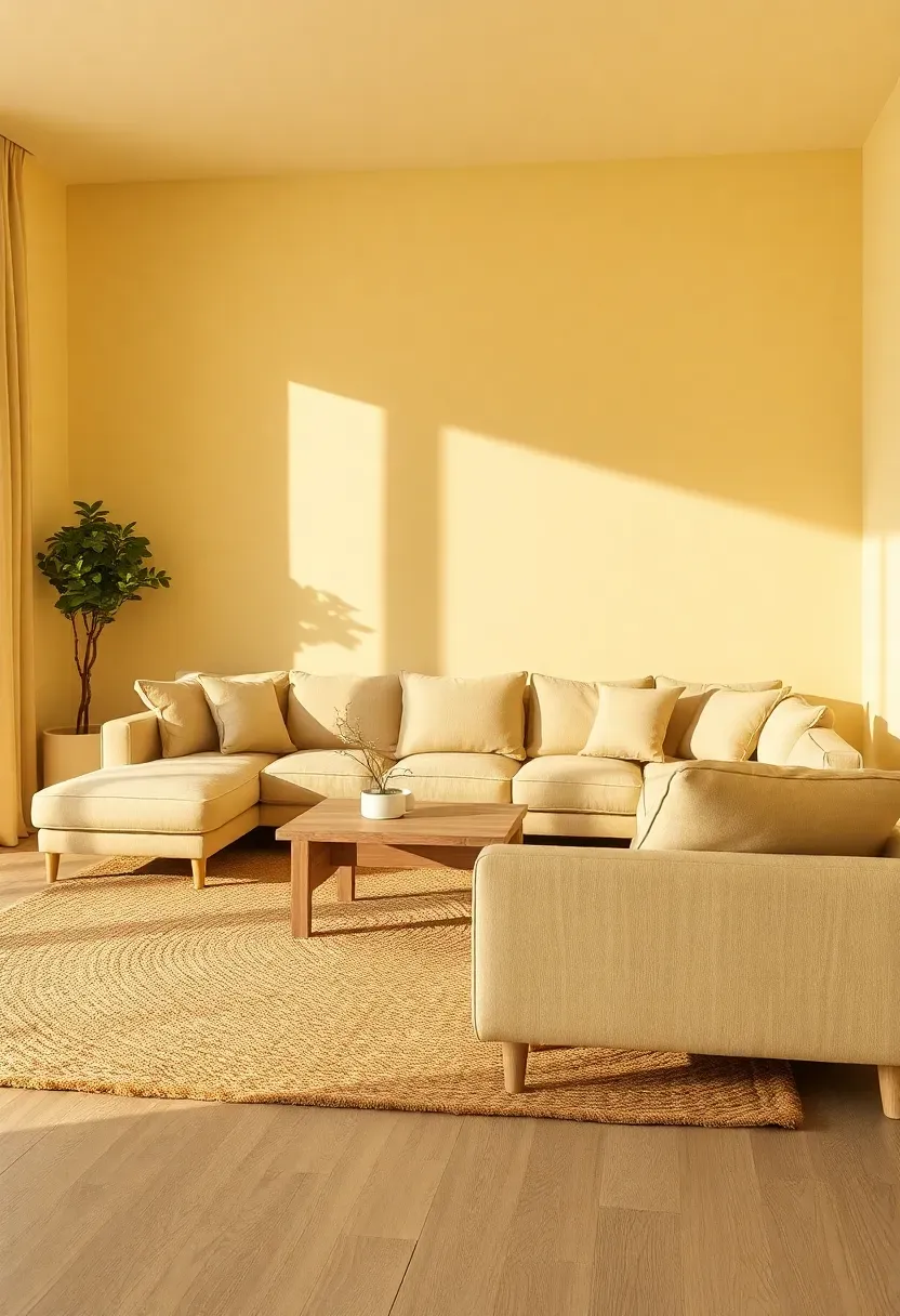 Hyper-realistic 3/4 view of a minimalist living room with creamy yellow-white walls, beige sofa, oak coffee table, warm wool rug. Materials: matte cream paint, beige linen, white oak wood, wool texture. Warm golden light, cozy cream shadows. Shallow depth of field, enveloping composition, soft focus. No text, no logos, no watermarks.</p>