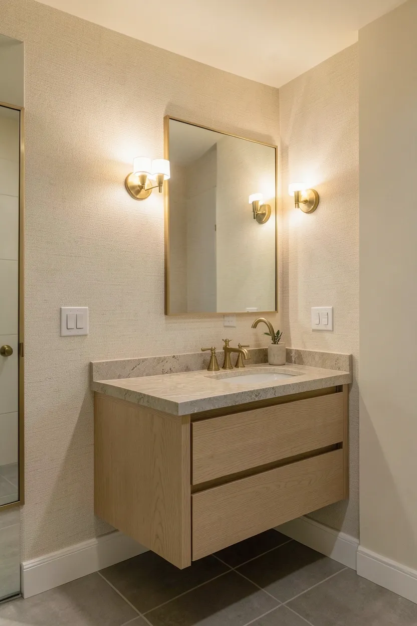 Hyper-realistic 3/4 view of a bathroom with textured neutral wallpaper accent wall. Back wall behind vanity features warm cream grasscloth wallpaper with subtle natural fiber texture visible. Remaining walls painted in matching pale cream for subtle distinction. Light oak floating vanity with stone top sits against wallpaper wall. Brass fixtures. Warm ambient lighting highlights wallpaper texture through sconces. Warm gray floor tiles. Mirror with brass frame. Clean surfaces. No text, no logos, no watermarks.</p>
