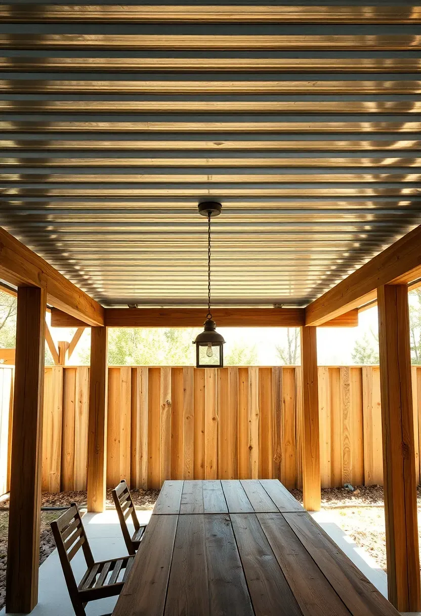 Simple corrugated metal roof attached to fence posts covering a backyard sun room with exposed beam details