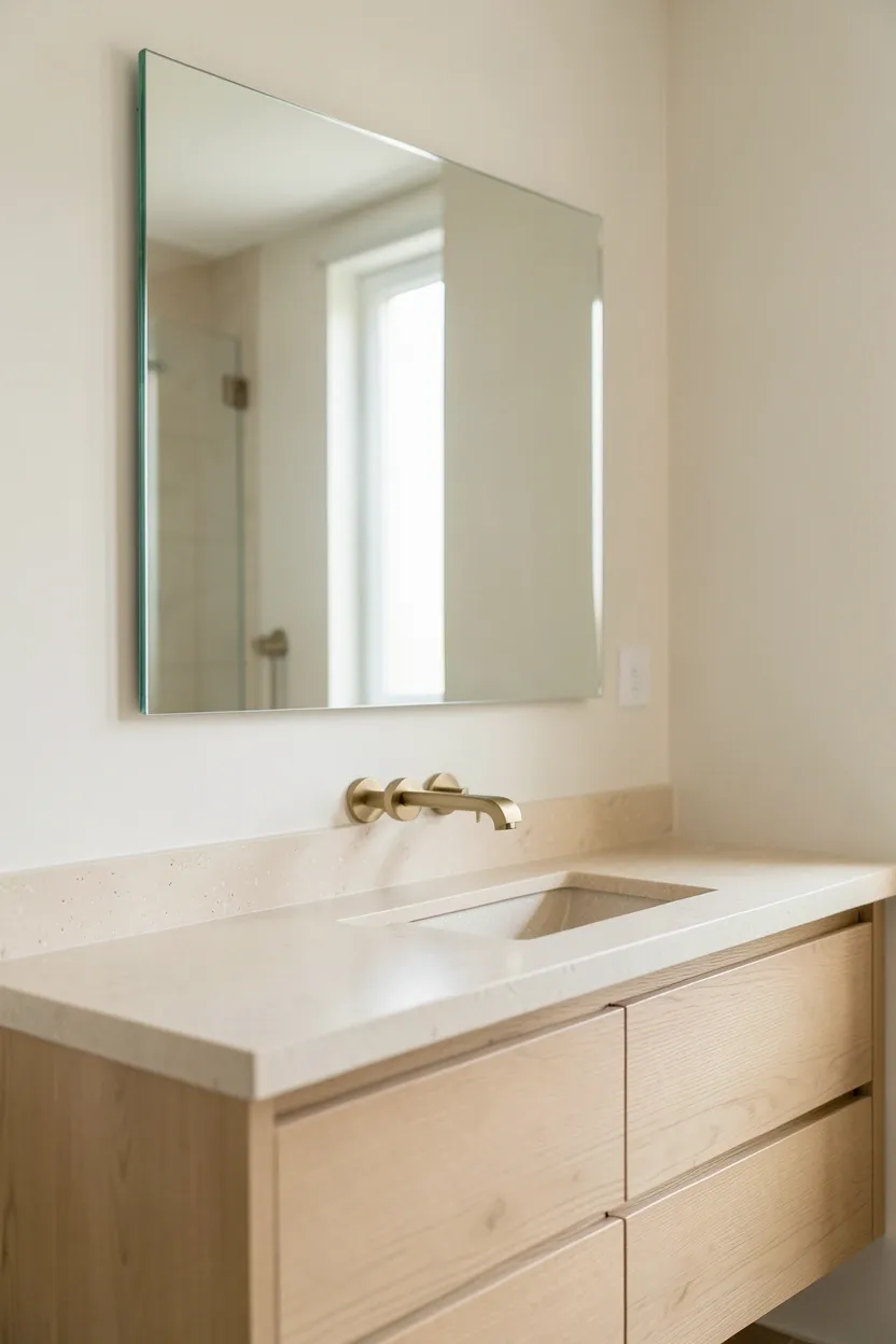 Large frameless minimalist mirror reflecting natural light in a calm modern bathroom
