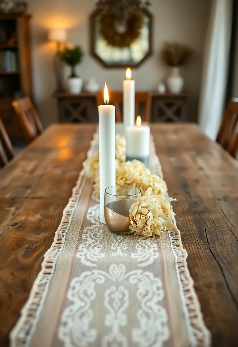 Burlap and lace table centerpiece with white pillar candles, dried hydrangeas, and a mercury glass votive on a farmhouse table