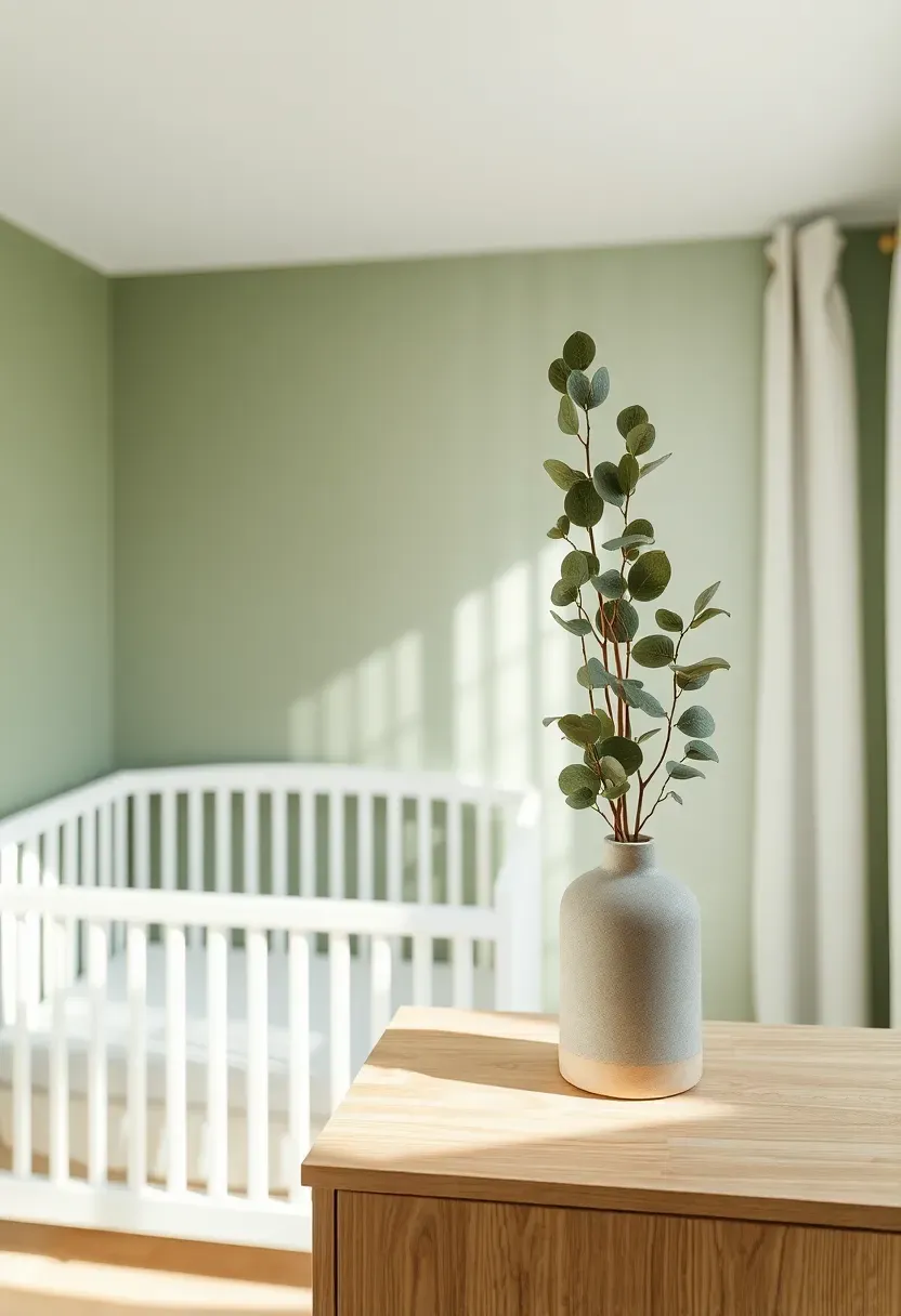 sage green accent wall in baby nursery with white crib and eucalyptus branch decor