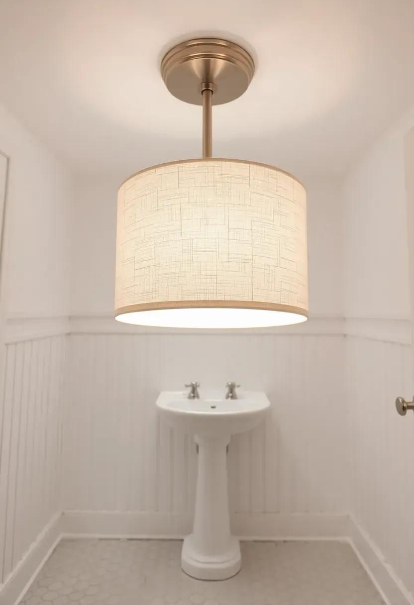 Linen drum shade flush mount ceiling light in a classic white bathroom with beadboard wainscoting