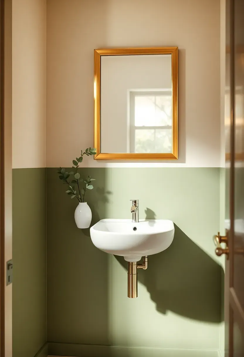 Half-sage half-cream small bathroom with a clean horizontal paint line at chair-rail height