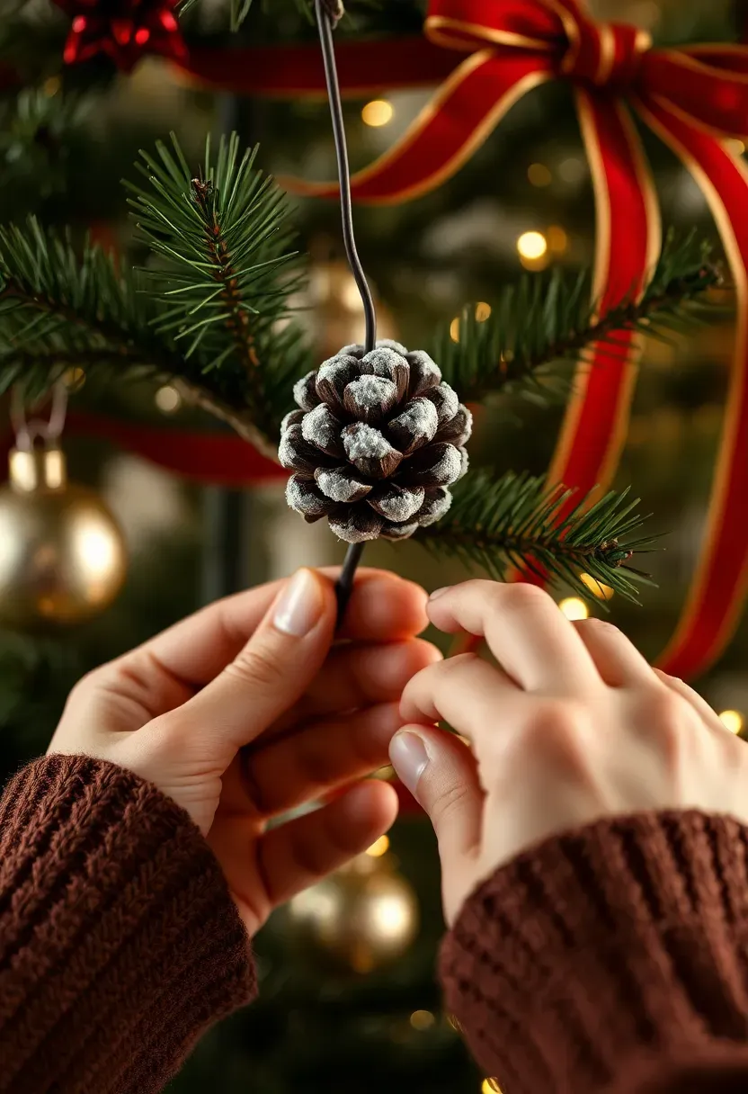 Hands pushing decorative berry picks and pinecone sprays into Christmas tree branches to fill visual gaps and add texture