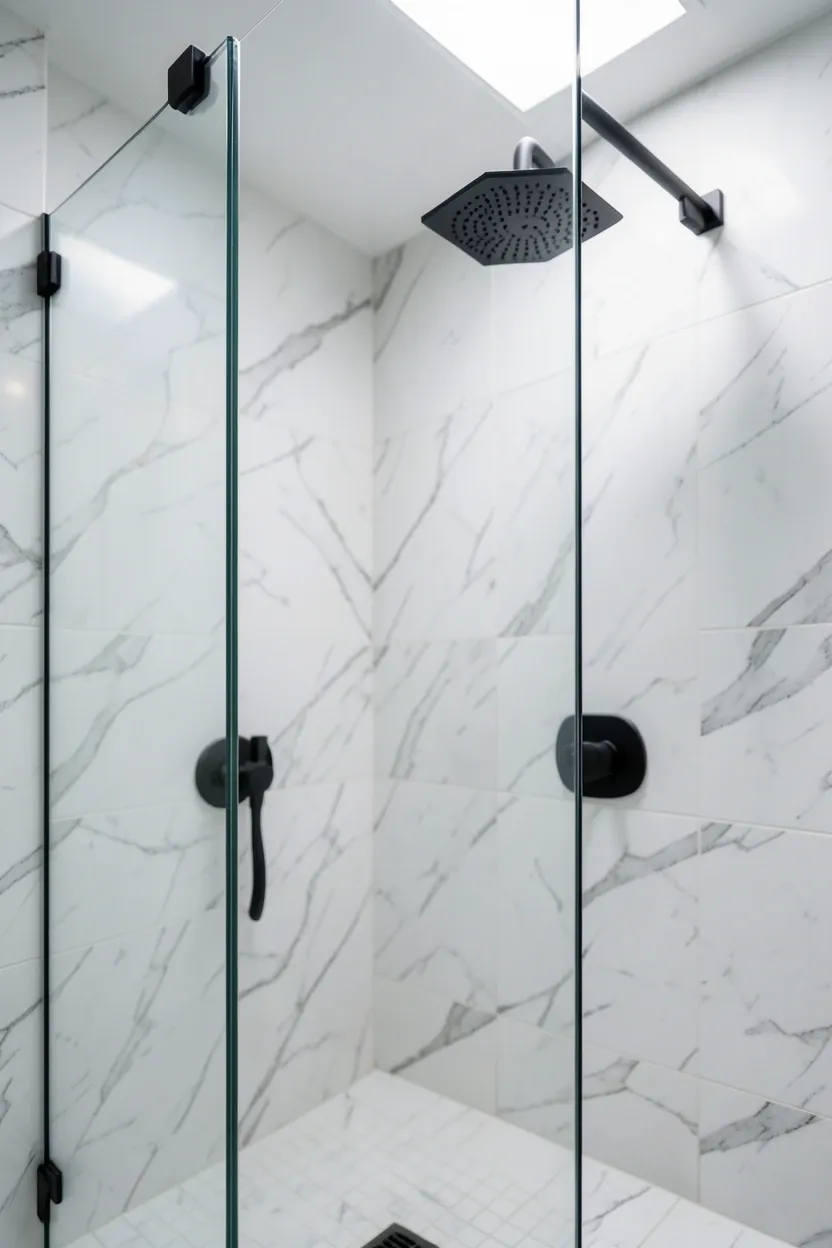 Frameless clear glass shower enclosure with minimal hardware showing luxury tile work in a Toca Boca mansion bathroom