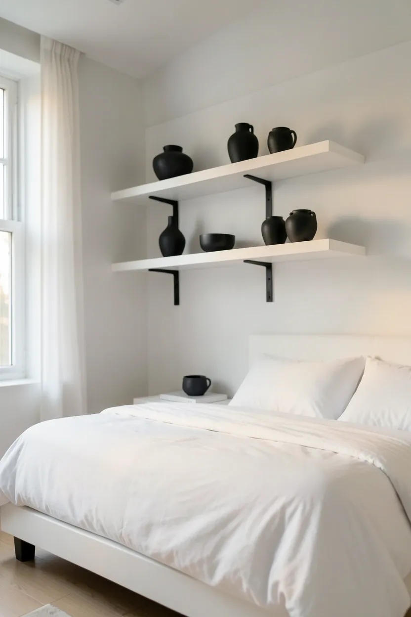 White floating shelves with black brackets displaying books and black ceramic decor pieces on a white bedroom wall