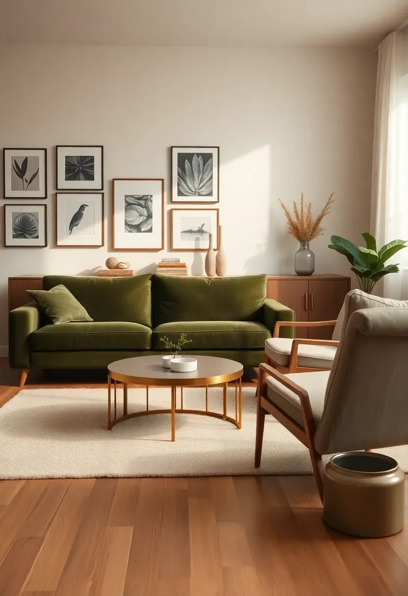 Green sofa with gallery wall and sideboard
