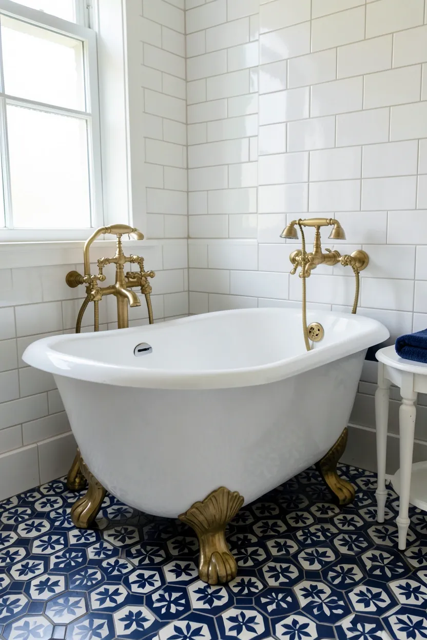 White Clawfoot Tub with Blue Floor