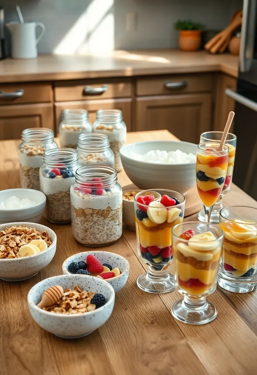 overnight oats and yogurt parfait bar at baby shower with glass jars of layered oats granola fresh fruit and toppings in small bowls on a rustic wooden table