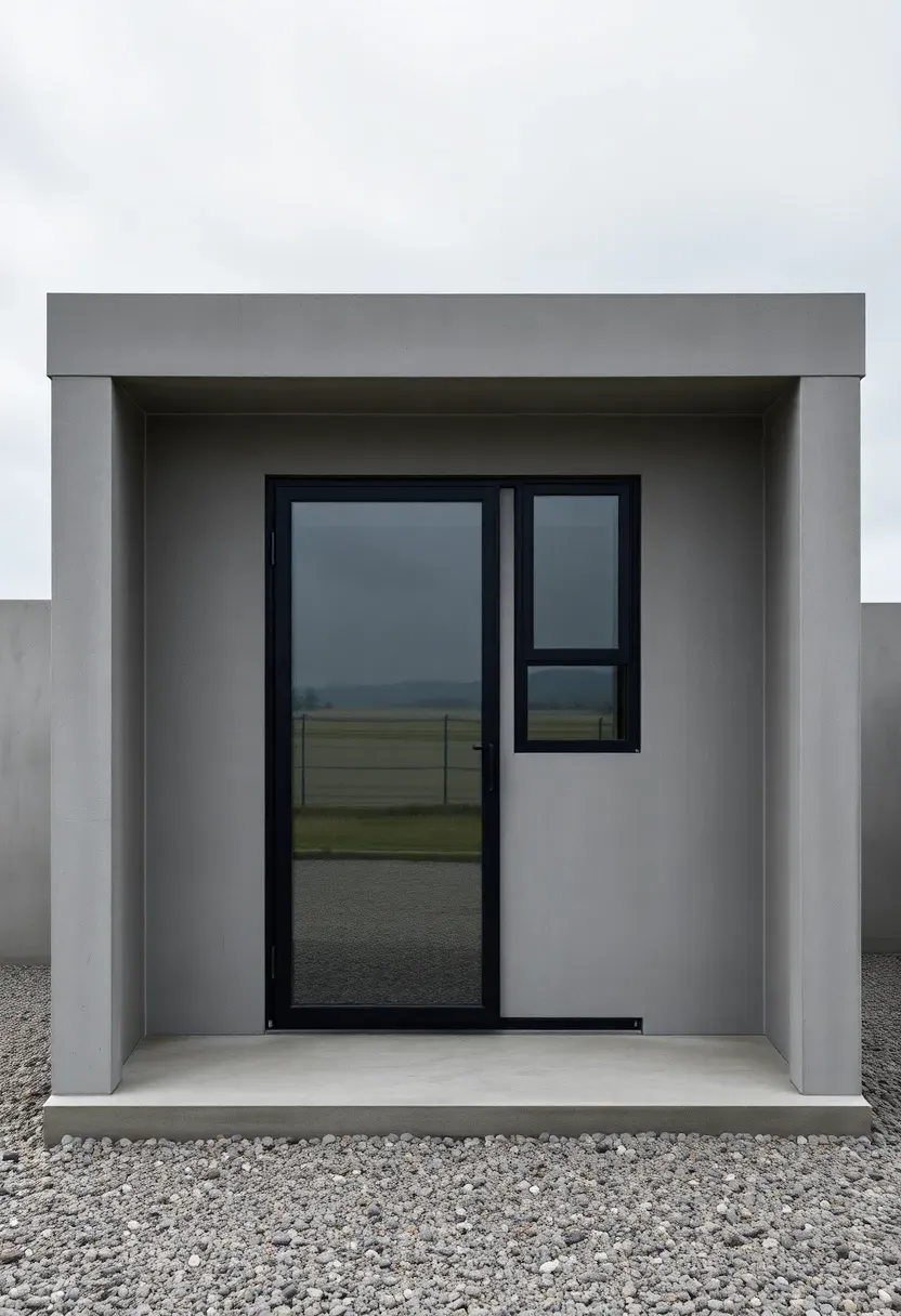 A minimalist concrete and glass shed with smooth gray walls, a flat roof, a pivoting steel door, and a single rectangular window