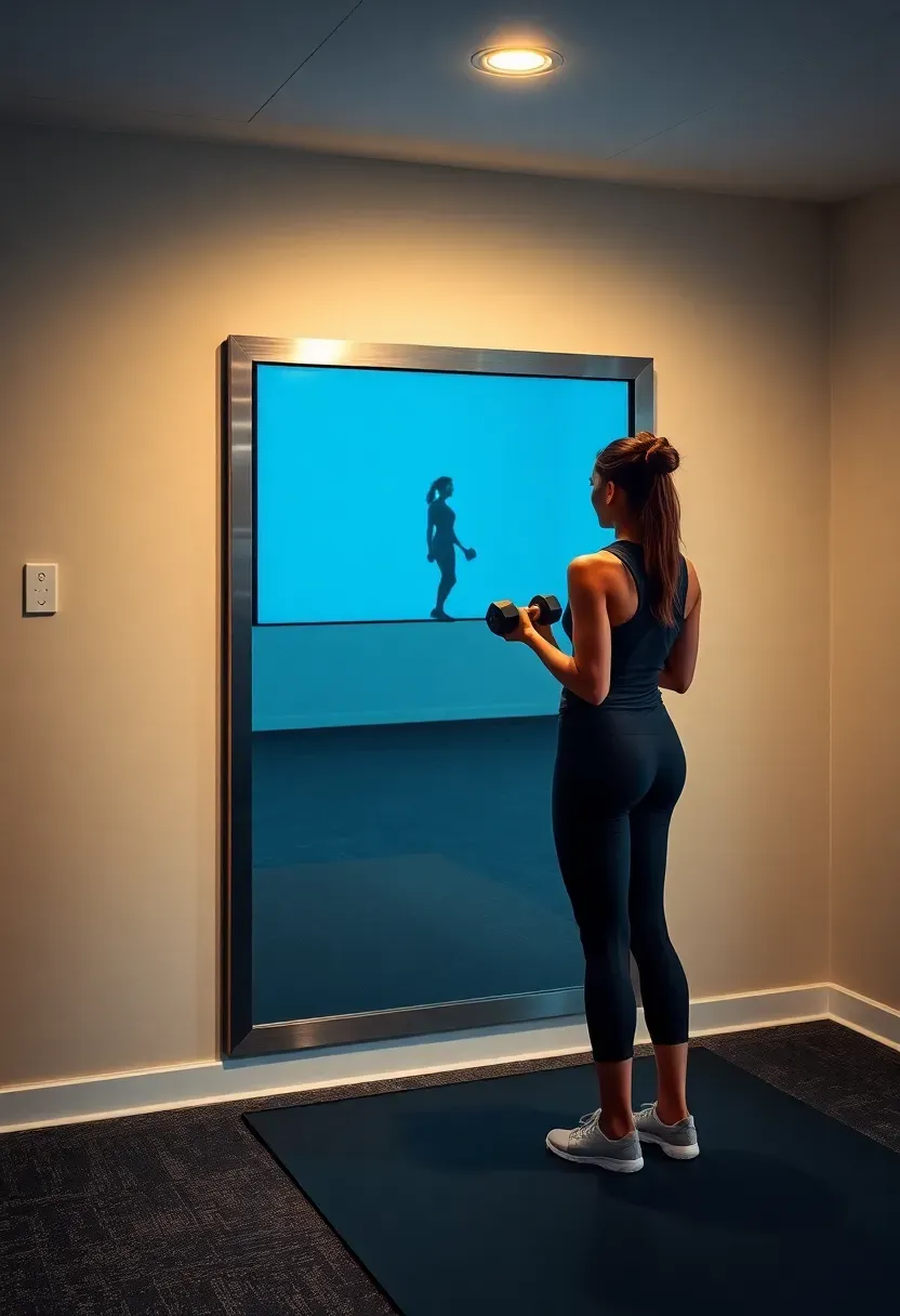 Smart fitness mirror mounted on a basement gym wall showing a guided workout with a person following along on a rubber mat floor