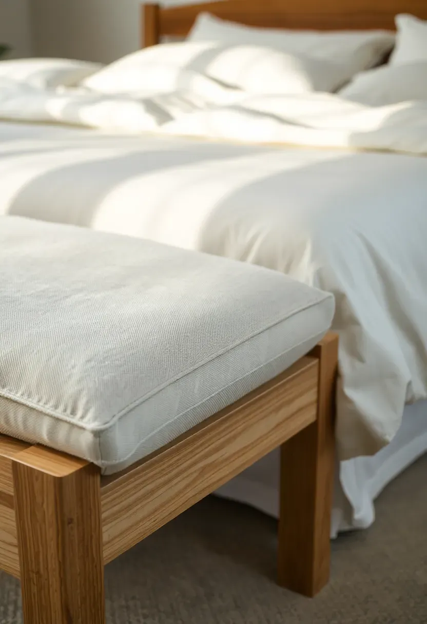Hyper-realistic 3/4 view of wooden bench with beige linen cushion at foot of bed. Materials: white oak bench frame, linen cushion with subtle texture, white bedding visible. Soft ambient light, neutral palette, functional seating mood. Sharp focus on wood joinery and cushion fabric, visible bedroom. No text, no logos, no watermarks.</p>
