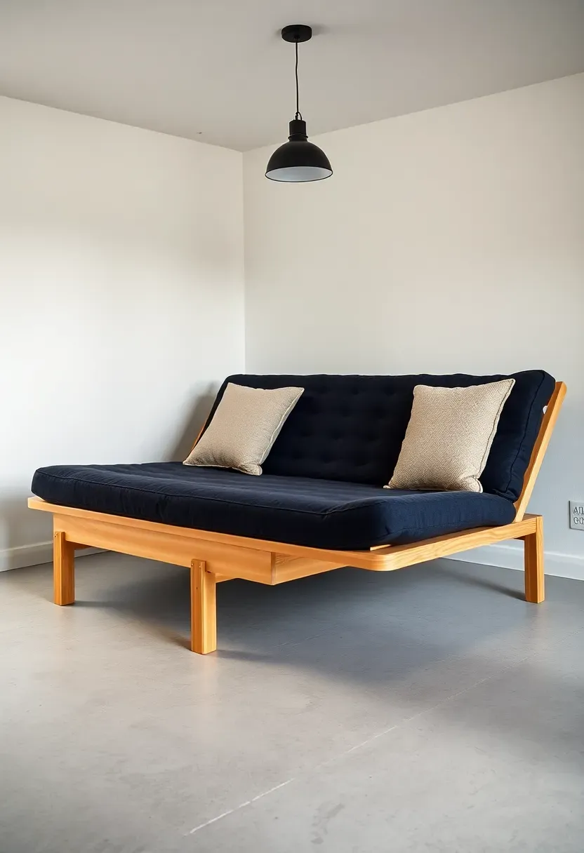 Futon with a natural wood frame and dark cushion in a minimalist basement room