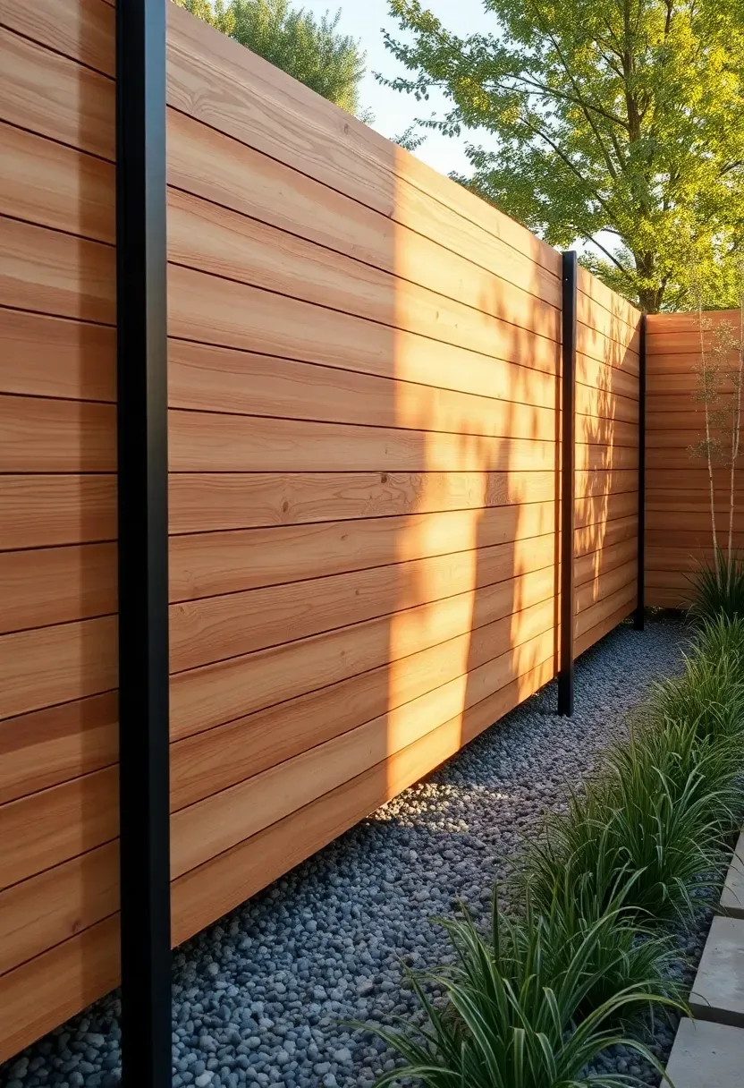 Horizontal cedar slat privacy wall with narrow gaps between boards in a modern backyard with ornamental grasses and a gravel path