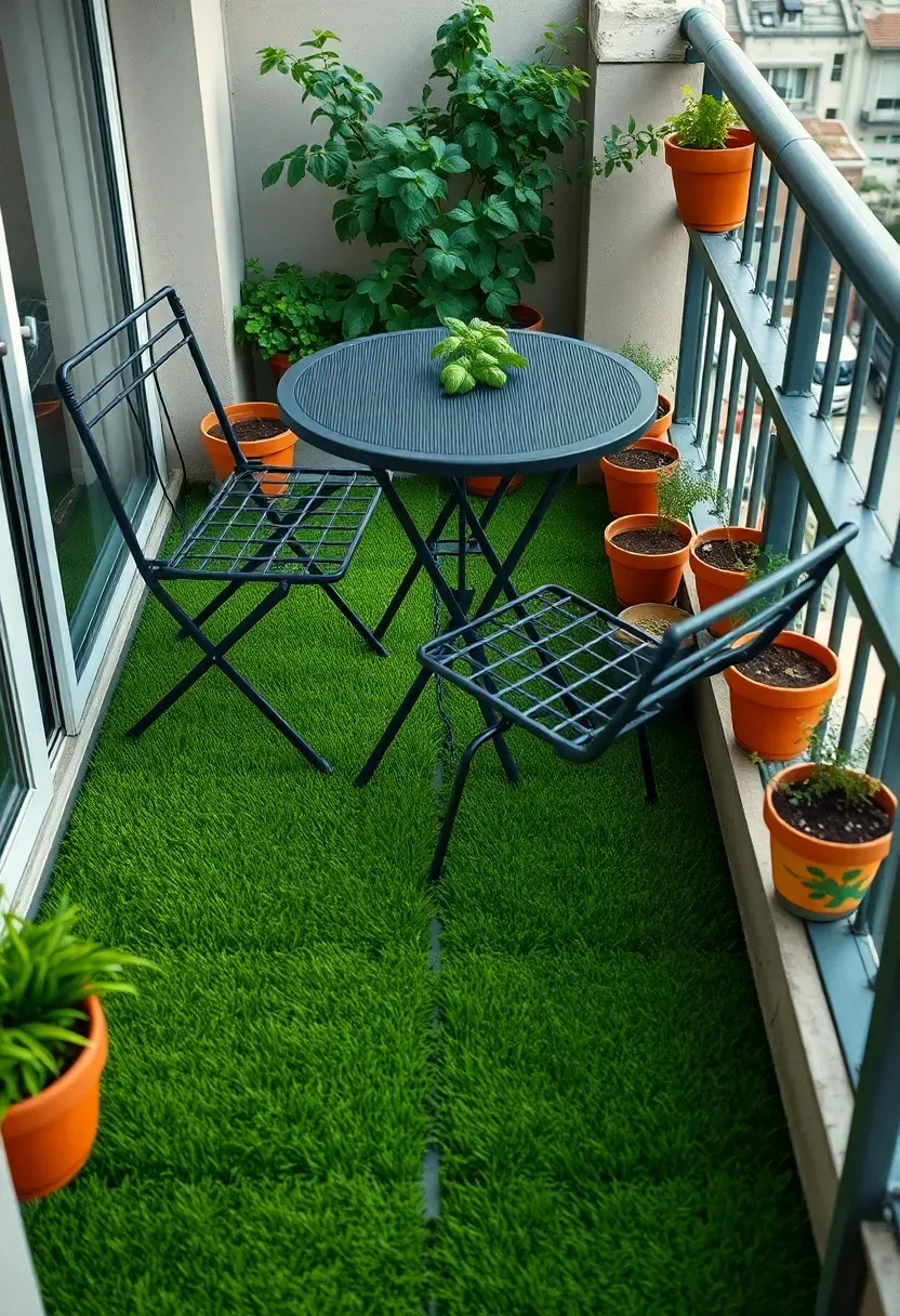 Apartment balcony floor covered with synthetic turf tiles and furnished with a small bistro table and potted herbs