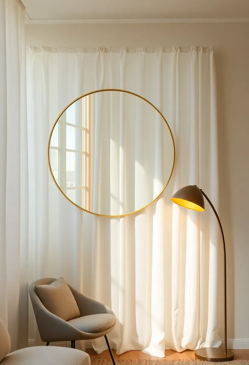Bright small living room with a large round mirror on the wall reflecting natural light from a window, sheer white curtains, and a warm-toned floor lamp in the corner