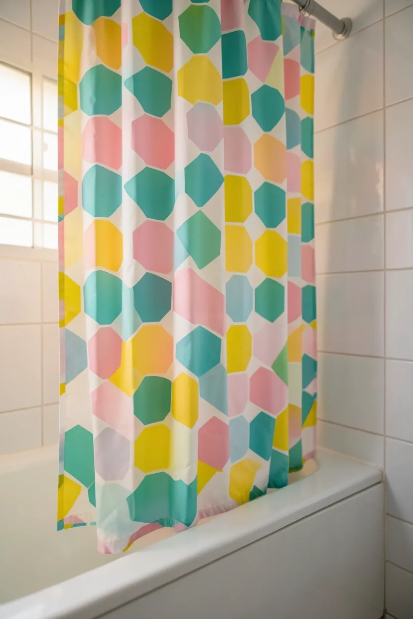 Bold geometric pattern shower curtain with pink teal and yellow triangles in a white Toca Boca style bathroom