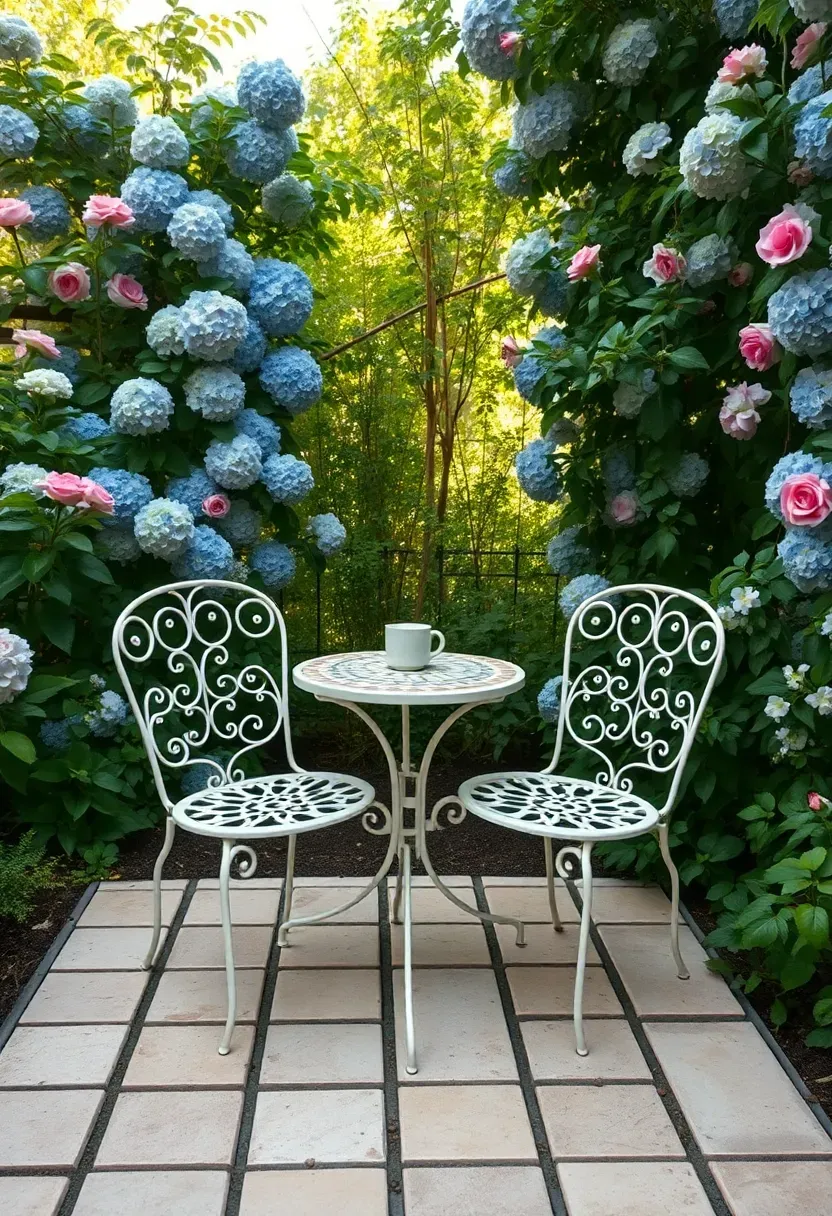 Tiny square paver patio with two bistro chairs and a small round table surrounded by lush garden plantings in morning light