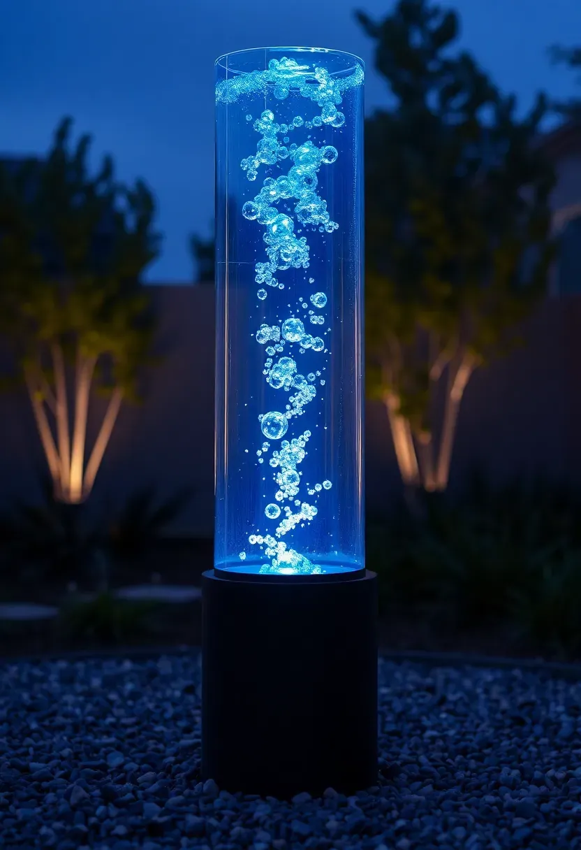 A tall glass column bubble fountain with internal LED lights glowing blue in an evening garden setting