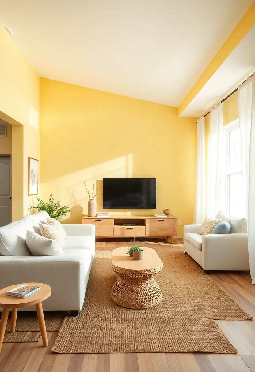 Hyper-realistic wide shot of a minimalist living room with buttermilk yellow walls, white sofa, light oak media console, and linen drapes. Materials: matte buttermilk yellow paint, white cotton upholstery, light oak wood, white linen curtains, jute area rug. Bright natural daylight streaming in, soft shadows, cheerful and calm atmosphere with 9-foot ceiling. Clean minimalist composition, sharp details on wood and linen textures, no clutter, no text, no logos.</p>