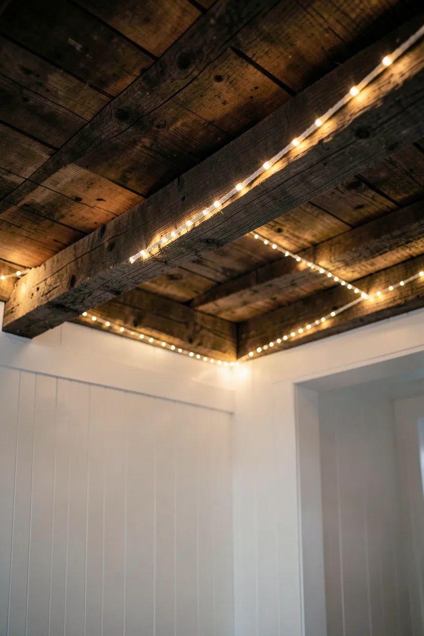 Exposed Wood Beams with Rope Lighting
