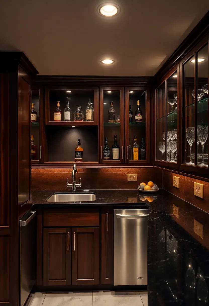 Basement wet bar with undermount sink, small dishwasher, dark cabinetry, and glass-front upper cabinets with liquor bottles
