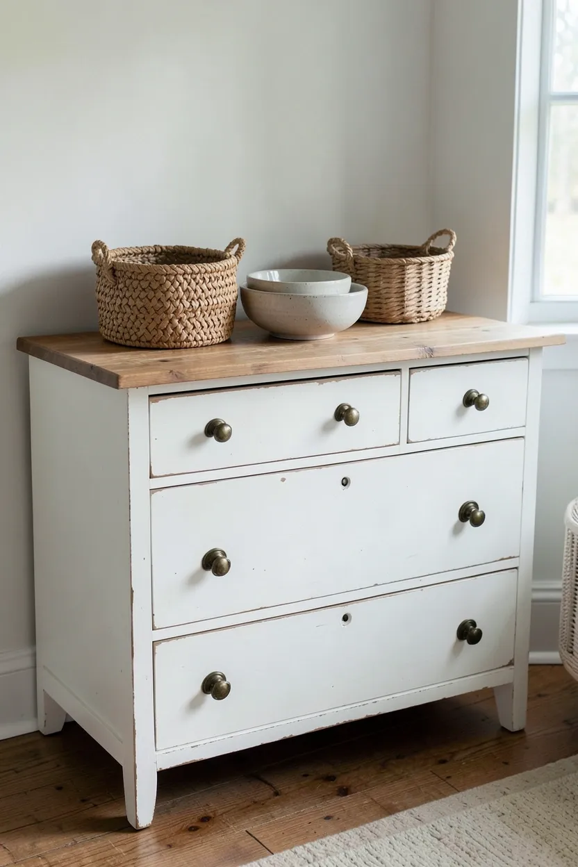 Distressed white dresser with antique brass knobs and ceramic plant on top in a nordic farmhouse bedroom