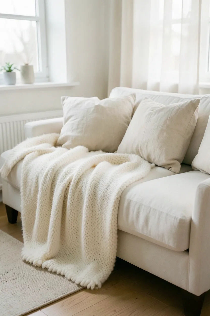 Cozy Scandinavian living room corner with chunky wool throw, linen cushions, and neutral cotton rug