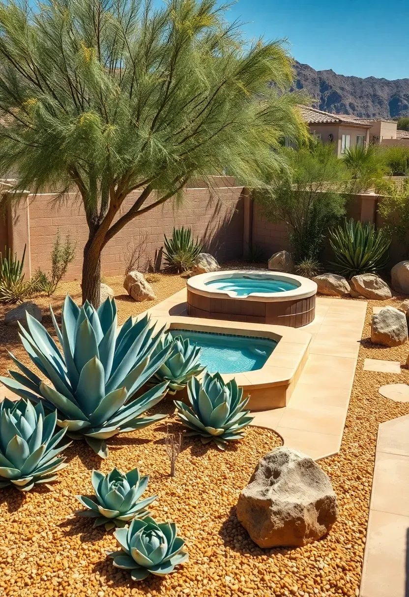 A desert backyard with a swim spa deck surrounded by drought-tolerant xeriscape landscaping, decomposed granite paths, and agave plants