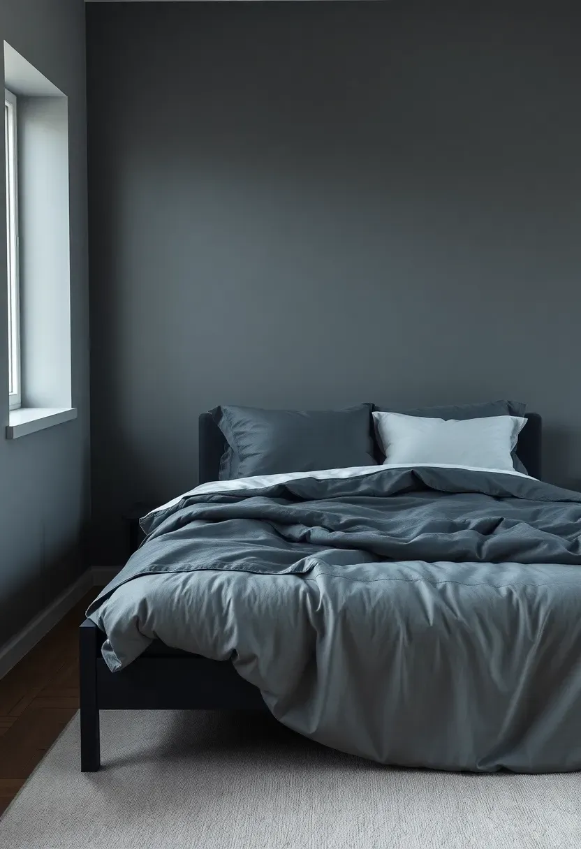 Hyper-realistic 3/4 view of minimalist bedroom with cool slate gray walls, platform bed with varying gray bedding from charcoal to white, simple black frame nightstand. Materials: slate gray paint with cool blue undertones, charcoal and gray bedding, matte black furniture, light gray wool rug. Cool crisp ambient light (2700K with slight coolness), soft window light left. Modern minimalist mood, shallow depth of field with layered gray tones. No text, no logos, no watermarks.</p>