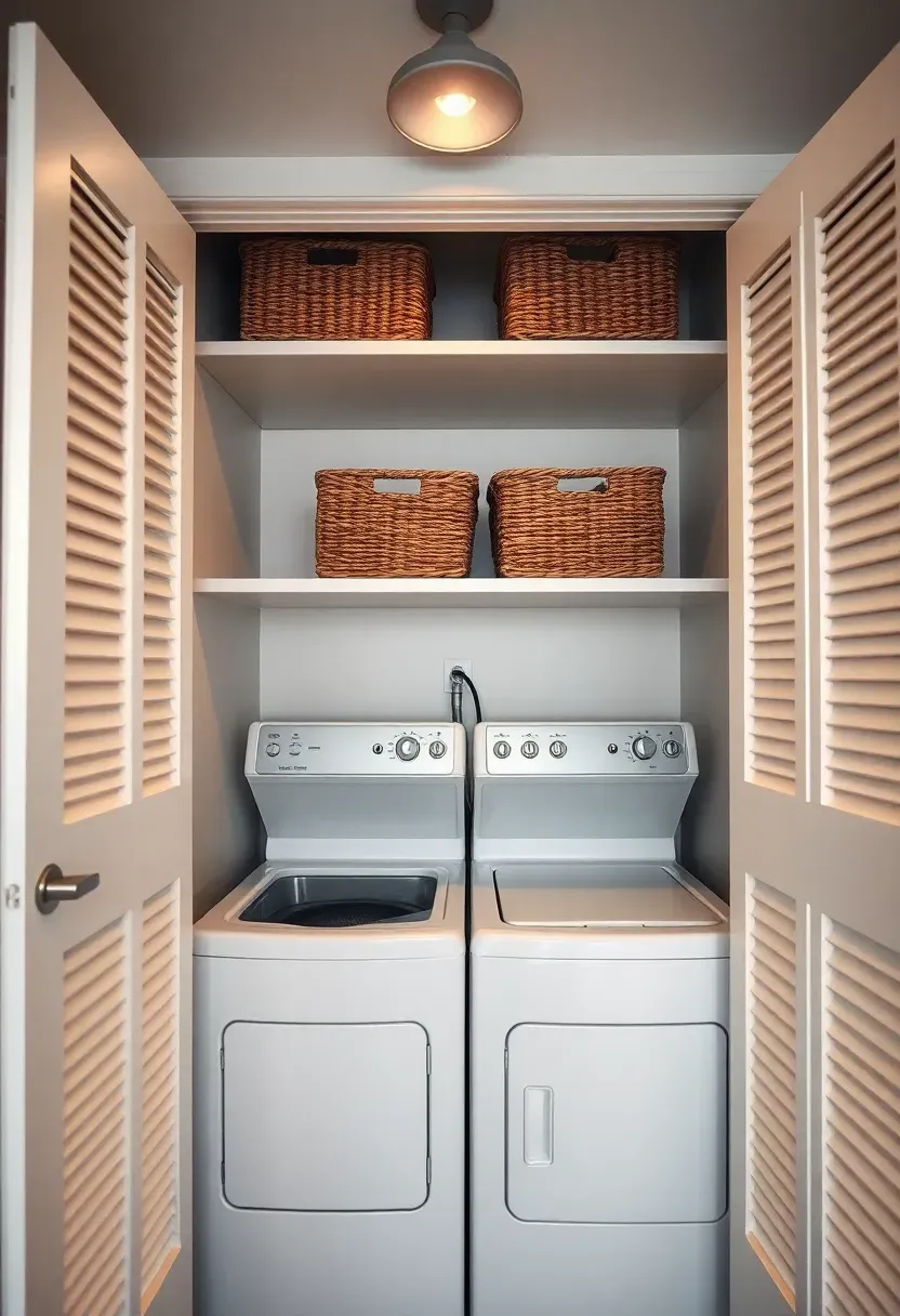 Compact stackable washer and dryer in a basement apartment closet with folding shelf and storage baskets above