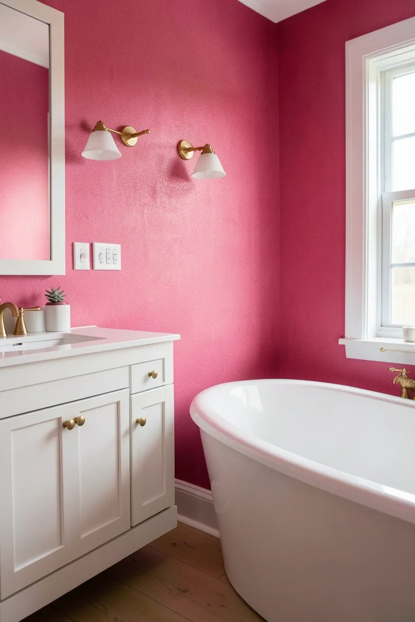 Hot pink removable wallpaper accent wall behind toilet in small rental bathroom with white fixtures and brass accessories
