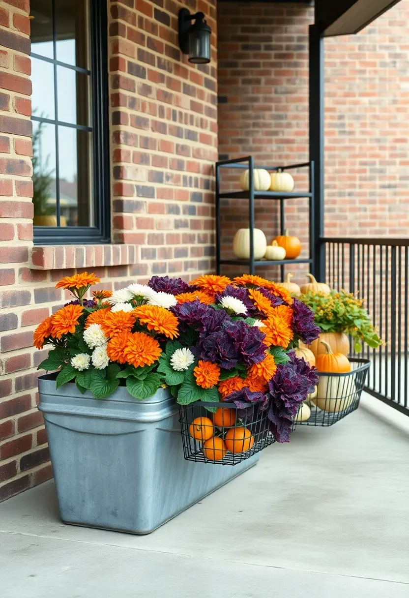 Hyper-realistic wide shot of an industrial front porch with modern fall decor. A large galvanized metal trough planter contains orange and white mums mixed with ornamental kale in deep purple. Wire baskets hold various gourds in cream and green. A metal shelving unit displays small pumpkins at different heights. Exposed brick wall provides backdrop. Porch floor is polished concrete. Black metal railing. Soft overcast daylight. Visible industrial-style light fixture. No text, no logos, no watermarks.</p>