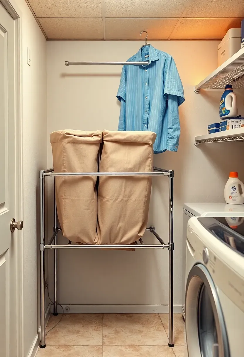 Basement laundry sorting center with triple hamper bins, folding table, hanging rod, and wall-mounted detergent shelf