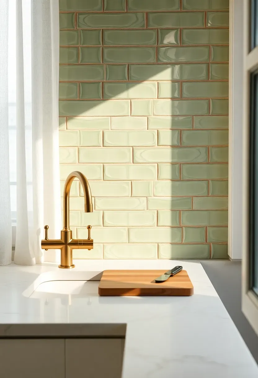 sage green zellige tile backsplash stacked vertically in a bright kitchen with brass faucet and marble counter