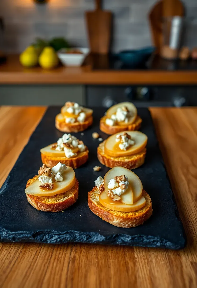 blue cheese and pear crostini topped with honey drizzle and crushed walnuts on a slate serving board
