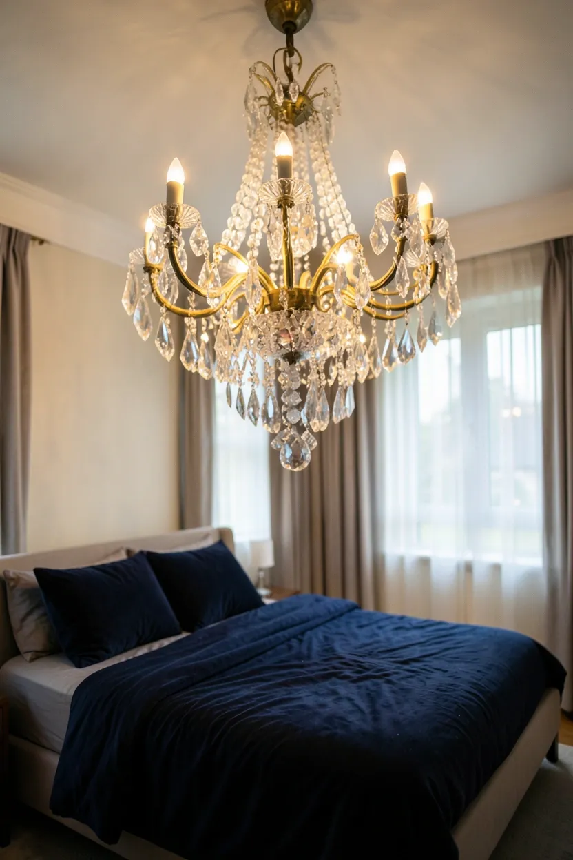 Hyper-realistic slightly elevated perspective photograph of a maximalist bedroom featuring an oversized crystal chandelier centered over the bed, with crystals catching and reflecting warm light. The chandelier hangs from a high ceiling, with visible room context showing bed below. Materials: crystal chandelier with brass accents, cream walls, velvet navy duvet on bed, sheer curtains at windows. Warm light from chandelier creating sparkle on crystals and soft shadows below. Coherent mood: glamorous and dramatic maximalist bedroom with stunning focal point. Shallow depth of field, sharp details on chandelier crystals, balanced composition showing room context. No text, no logos, no watermarks.</p>