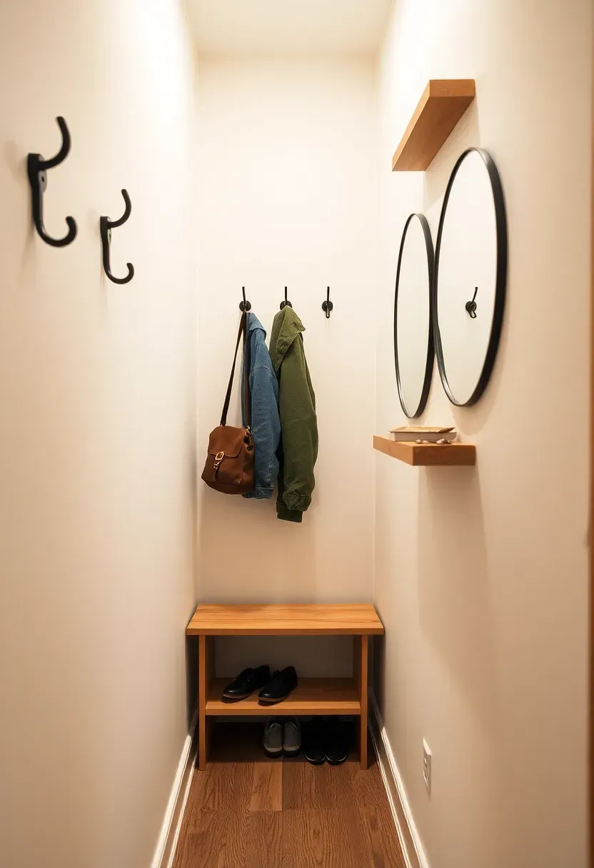 Narrow basement apartment entryway with wall-mounted coat hooks, a shoe rack bench, a mirror, and a small shelf for keys