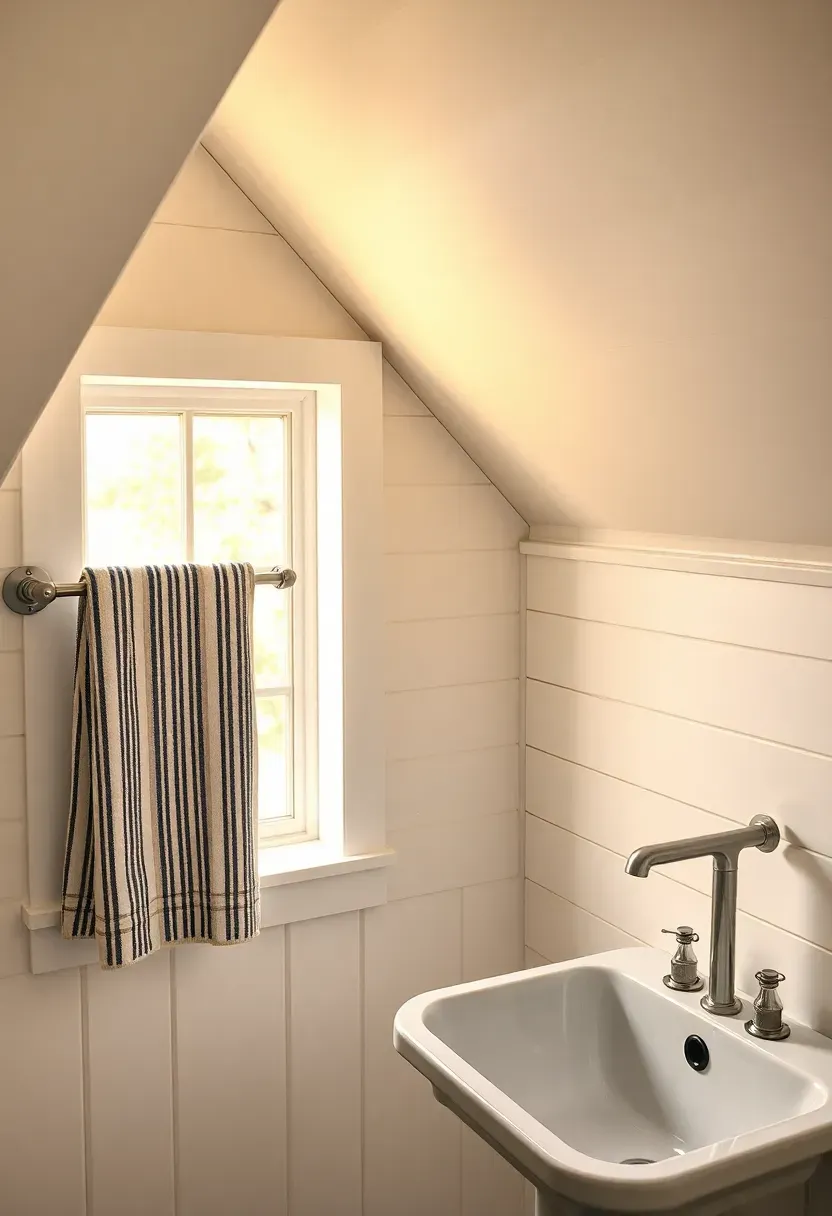 Farmhouse attic bathroom with white painted pine shiplap walls following the roofline angle, galvanized metal towel rack, cast iron farmhouse sink, and mason jar with lavender sprigs on the windowsill