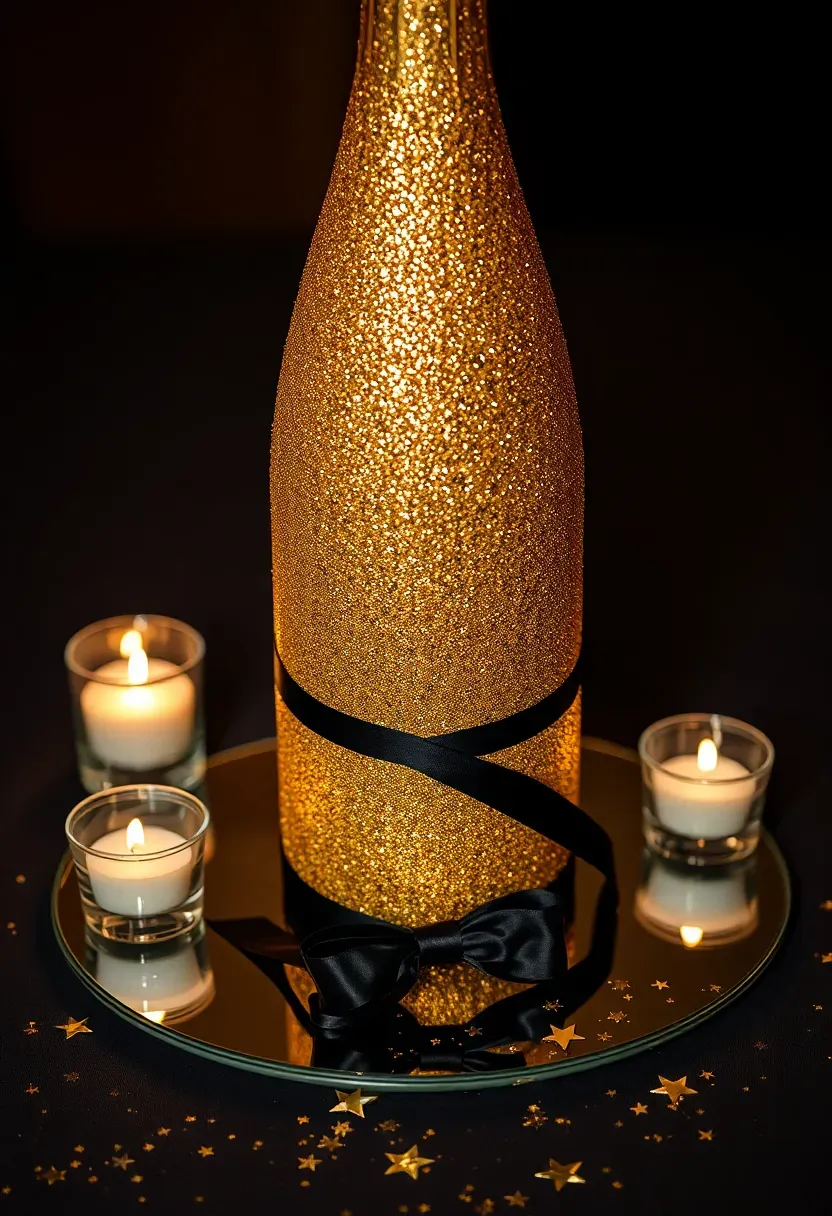 Gold champagne bottle wrapped in glitter with sparklers and ribbon as a graduation table centerpiece