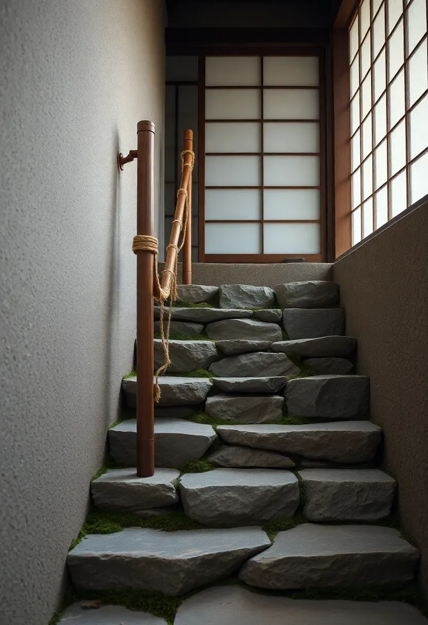 Wabi-sabi staircase with irregular natural stone slab treads set into rammed earth wall, bamboo handrail with jute lashing, and living moss in gaps