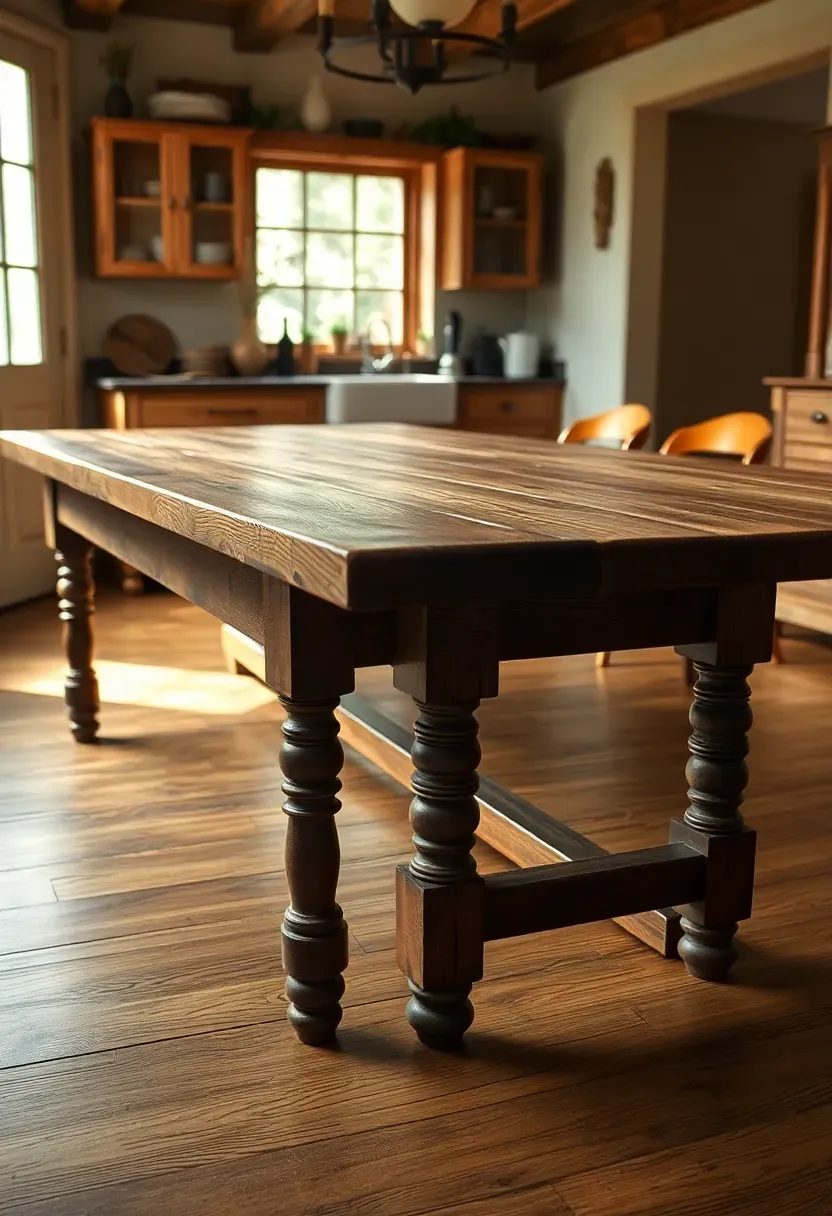 rustic colonial tavern table with turned legs and breadboard ends in a country kitchen