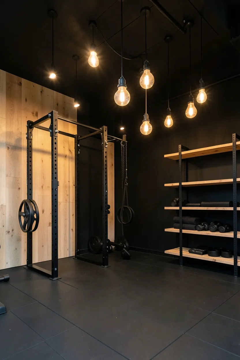 Black-walled home gym with warm oak wood accents and Edison pendant lights hanging over the workout zone